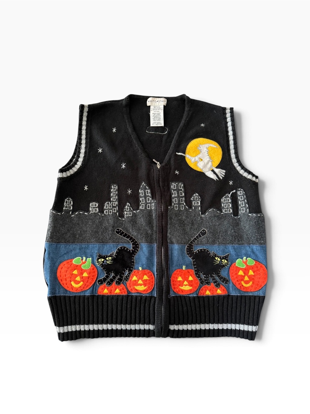 Vintage White Stag Halloween Sweater Vest Size Medium Black Cat Witch Zip Up M